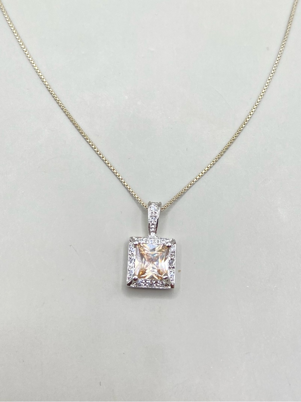 ATI Sterling Silver Light Peach Square Halo Pendant Necklace
